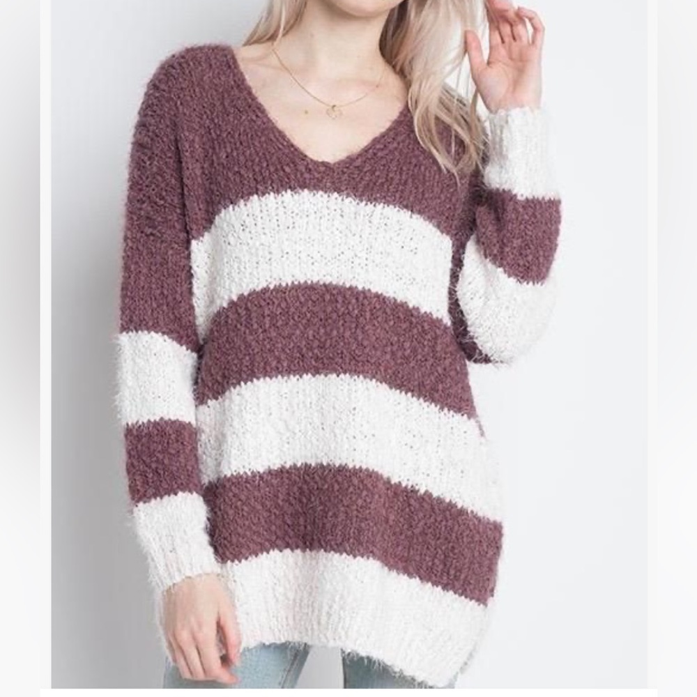 Dreamers Plush Striped Fuzzy Pullover Sweater Dark Plum/Ivory NWT 2021-M/L